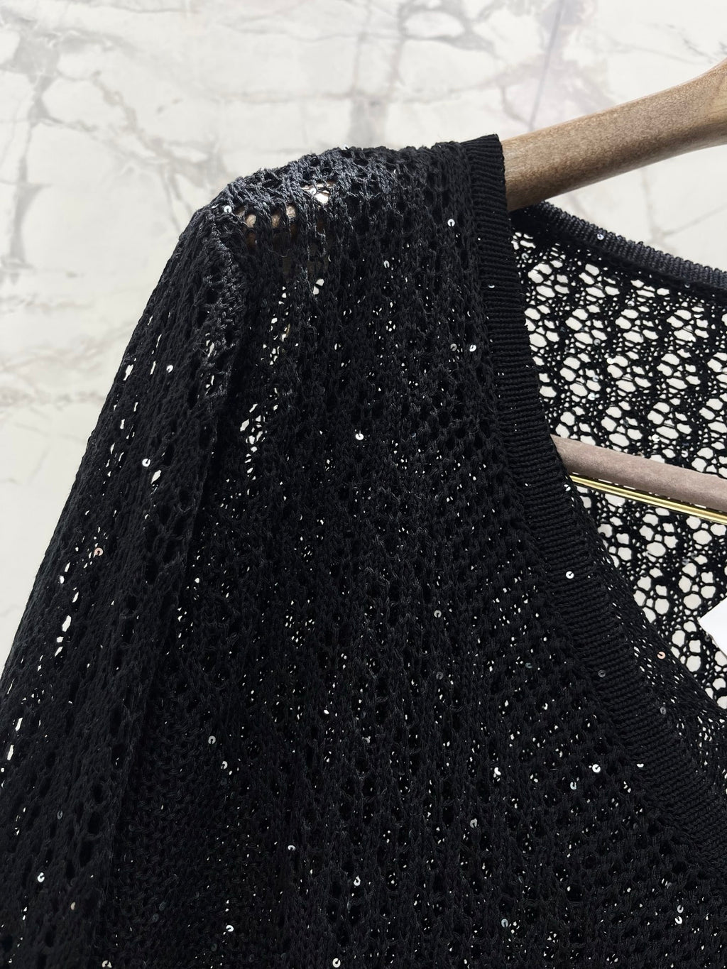 Open-Knit Sequin Faux Two-Piece Sweater