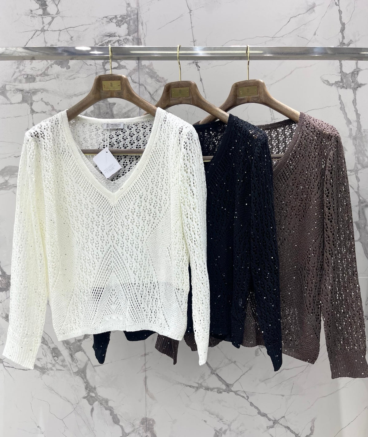 Open-Knit Sequin Faux Two-Piece Sweater