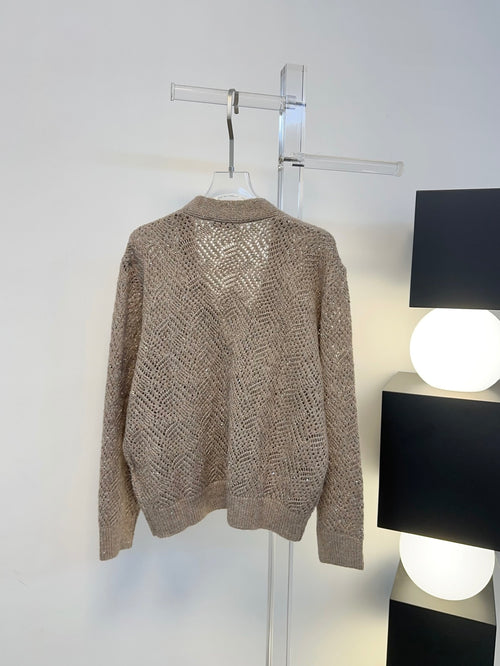 Open-Knit Sequin Embellished Wool Cardigan