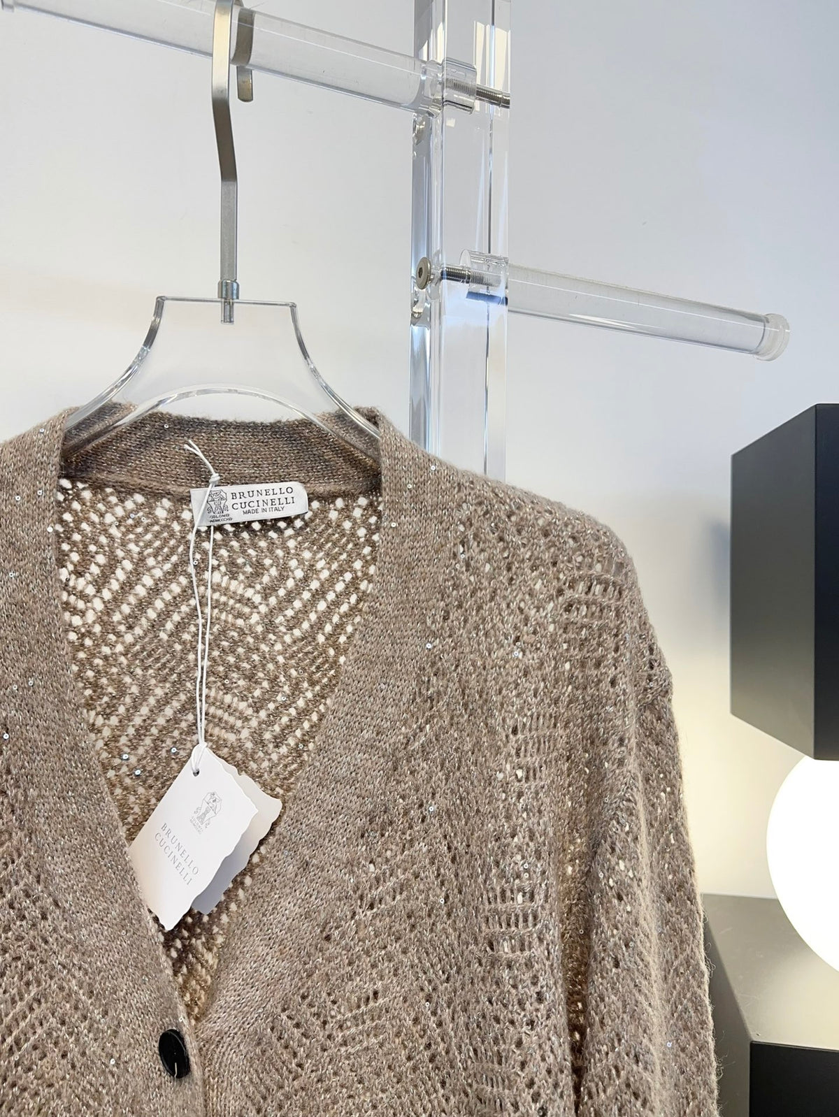 Open-Knit Sequin Embellished Wool Cardigan