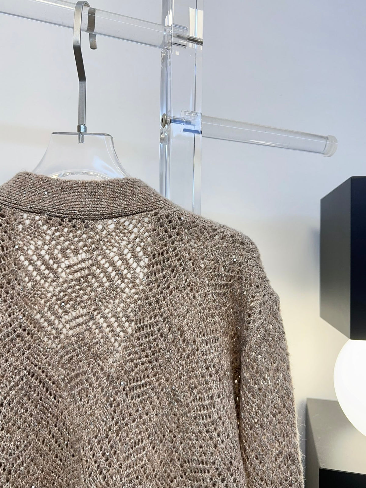 Open-Knit Sequin Embellished Wool Cardigan