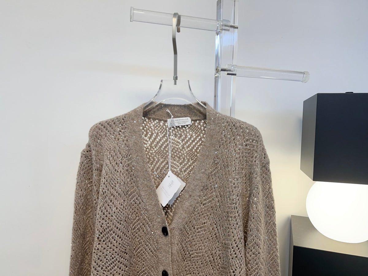 Open-Knit Sequin Embellished Wool Cardigan