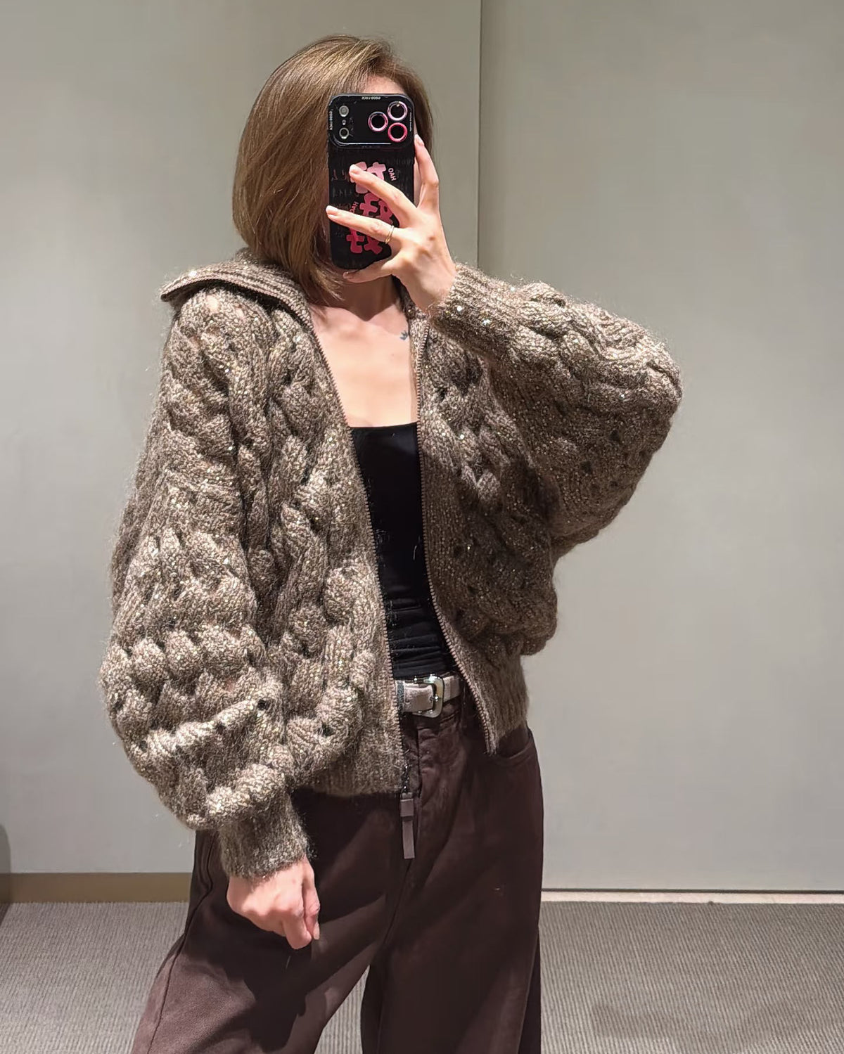 26 Early Autumn Open-Knit Sequin Zip Cardigan