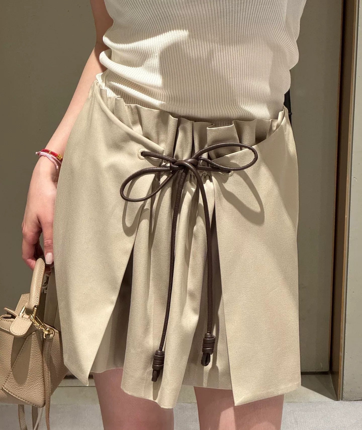 Drawstring Pleated Mini Skirt